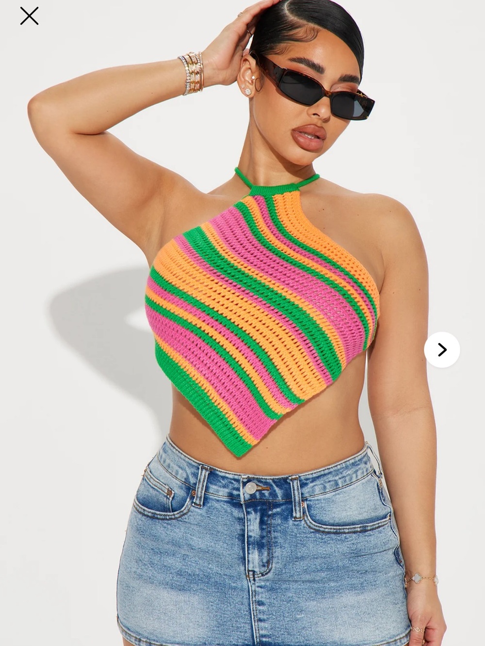 Fashion Nova Striped Crochet Halter Top in Green, Pink & Orange